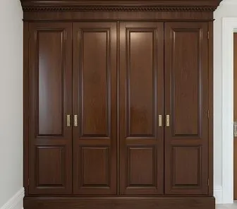 Шкаф из массива тёмного ореха с четырьмя распашными фасадами и карнизом