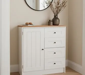 Компактный обувной шкаф в матовом белом цвете с верхней столешницей из дерева