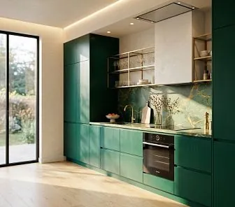 Кухня в современном скандинавском стиле с изумрудными фасадами