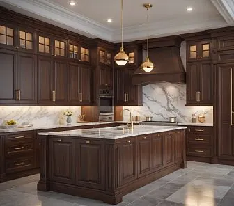 Кухня из тёмного ореха с массивными фасадами и элегантной фрезеровкой