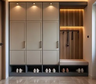 Прихожая-гардероб с деревянной панелью и встроенной LED-подсветкой