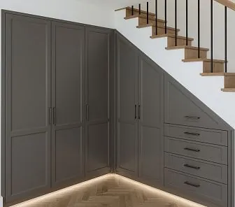 Угловой подлестничный шкаф в сером матовом исполнении