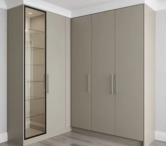 L-образный угловой шкаф с витриной и современными фасадами