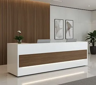 Стойка ресепшн двухцветная — матовый белый и орех