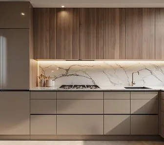 Современная кухня с отделкой под натуральное дерево