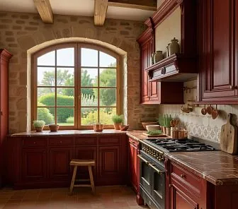 Кухня в стиле прованс с красными фасадами из массива дерева