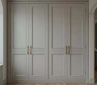 Встроенный распашной шкаф с глухими фасадами в серо-оливковом оттенке