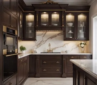 Элегантная кухня в классическом стиле из тёмного ореха