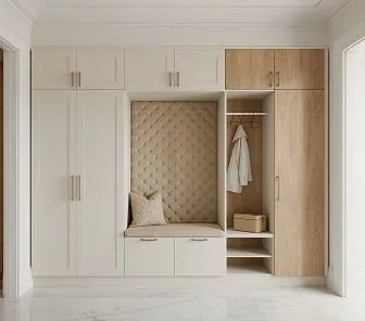 Встроенный шкаф-купе для прихожей с мягкой зоной и открытой секцией для одежды