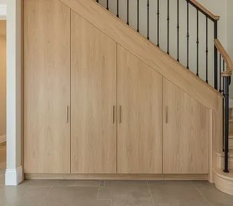 Подлестничный шкаф в светлом дубе с гладкими фасадами