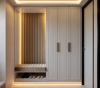 Прихожая с вертикальной фрезеровкой фасадов и мягкой панелью в нише