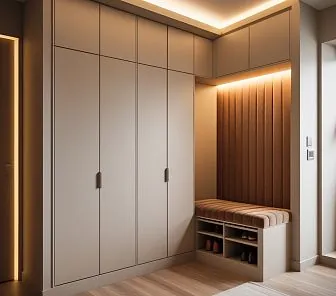 Встроенная прихожая с мягким сиденьем и обувным блоком