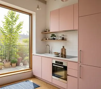 Кухня в стиле Japandi с розовыми фасадами из шпона