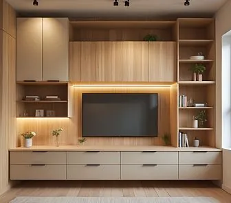 Современная стенка в гостиную с тёплой древесной отделкой и встроенной подсветкой