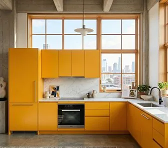 Угловая кухня в стиле авангардный лофт с жёлтыми фасадами