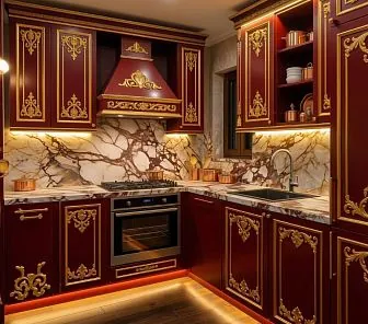 Угловая бордовая кухня в стиле барокко с золочёным декором