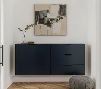 Парящий обувной шкаф в насыщенном синем цвете с ящиками push-to-open