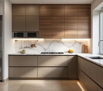 Современная П-образная кухня с матовыми фасадами