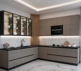 Современная кухня в матовом пластике с витринами