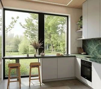 Изысканная Г образная матовая кухня с барной стойкой