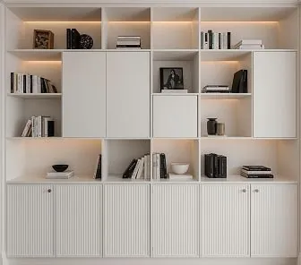 Белый книжный шкаф с фасадами и подсветкой