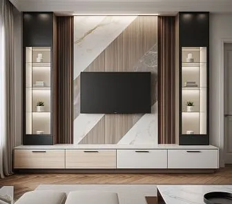 Современная ТВ-зона с витринами и диагональной отделкой под мрамор и шпон