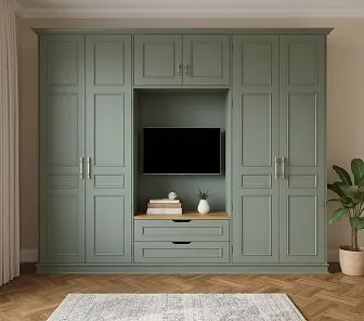 Симметричный шкаф в мягком оттенке шалфея с филенчатыми фасадами
