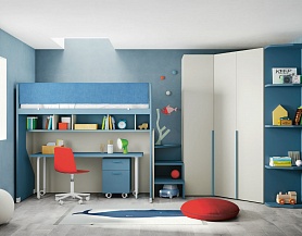 Бело-голубая мебель для школьника с распашным шкафом в углу,  Md307