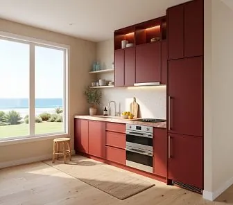 Прямая матовая кухня в двух оттенках красного с розовой каменной столешницей