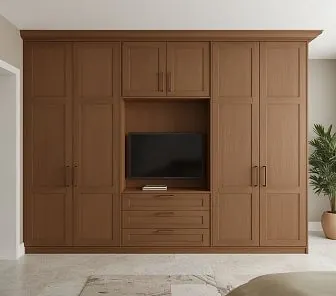 Встроенный шкаф-гардероб с нишей под ТВ из теплого дубового шпона