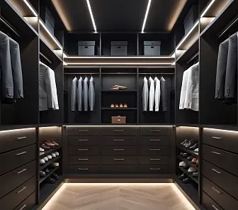 Современная тёмная гардеробная с подсветкой и ящиками
