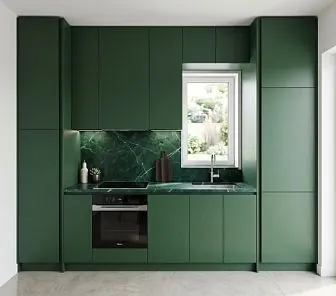 Прямая зелёная кухня в стиле минимализм с встроенным окном над мойкой
