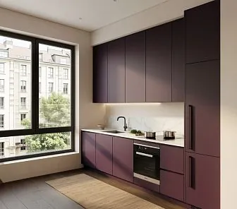 Кухня в стиле минимализм с баклажановыми фасадами