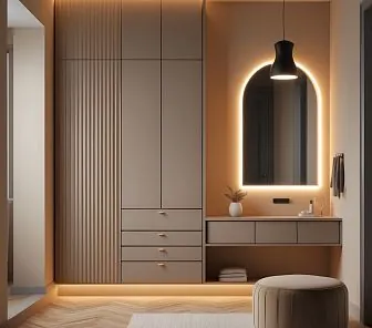 Встроенный гарнитур для прихожей с туалетным столиком и арочным зеркалом