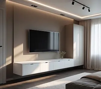 Элегантная стенка под ТВ с декоративными фасадами и подсветкой