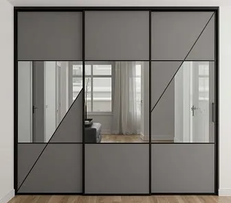 Современный шкаф-купе с геометричными зеркалами и матовыми панелями