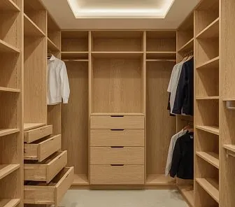 Встроенная П-образная гардеробная из светлого дуба с лаконичным дизайном