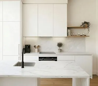 Современная прямая кухня с островком белая