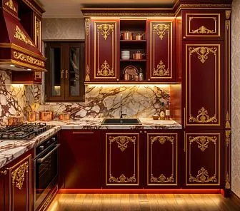 Угловая бордовая кухня в стиле барокко с золочёным декором
