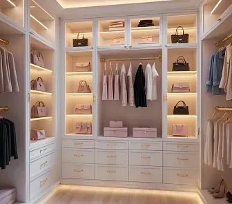 Элегантная гардеробная с сумками и встроенной подсветкой