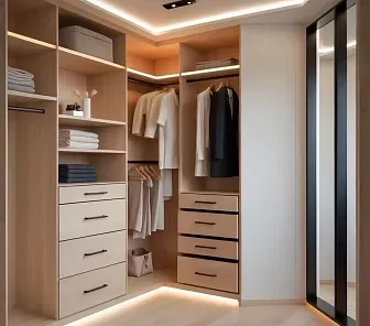 Светлая угловая гардеробная с открытым наполнением