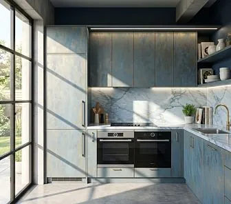 Угловая дизайнерская кухня с эффектом окисленного металла на фасадах и столешницей из кварцита