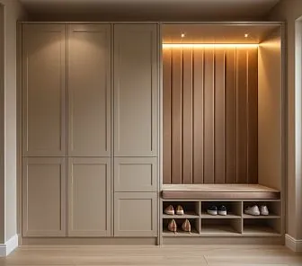 Встроенная прихожая с мягким сиденьем и обувными нишами