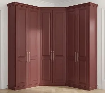 Угловой шкаф бордовый с классическими филенчатыми фасадами