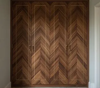 Современный шкаф с отделкой из орехового шпона и латунной инкрустацией
