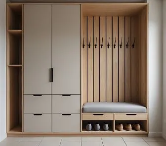 Модульная современная прихожая с мягким сиденьем и крючками для одежды