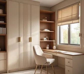 Встроенный детский мебельный комплект в кремово-древесных оттенках